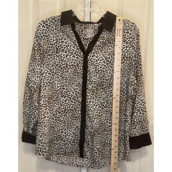 Chico’s Leopard Print Button Down Shirt 2 M/L Animal Print Black Trim No Iron - Picture 4 of 6